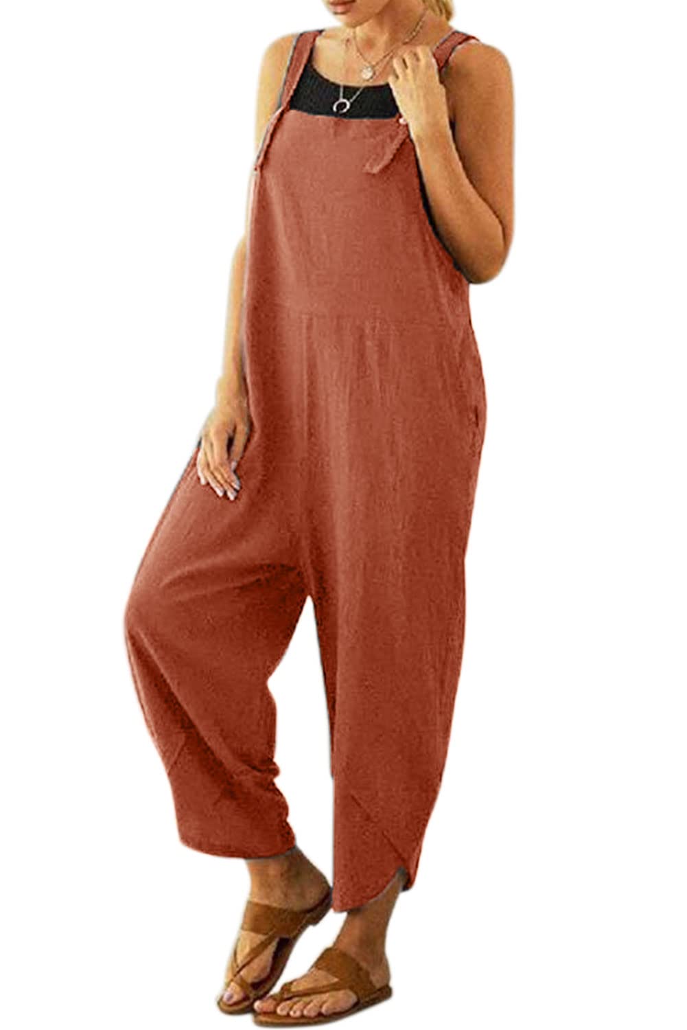 Sommer Latzhose Damen Baumwolle-Leinen Stoff Overall Oversized Jumpsuit lässig mit Taschen 36 38 40 42 44 46 48 50