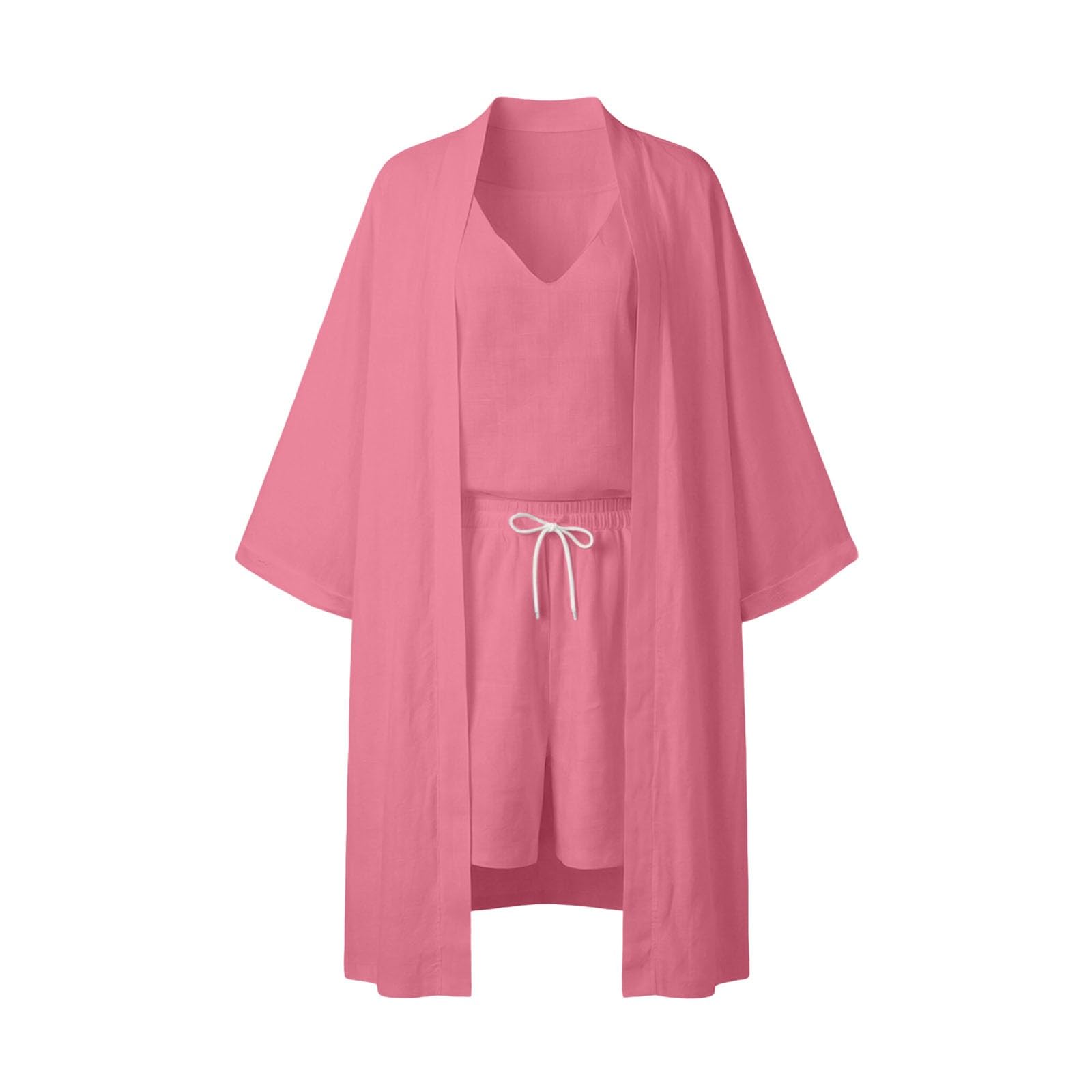 Generisch Camicetta estiva da donna, in mussola, leggera, traspirante, a maniche lunghe e pantaloncini, set da 3 pezzi, elegante, per il tempo libero, da spiaggia, con tasche