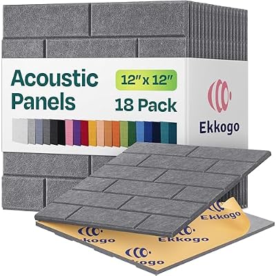 Ekkogo Acoustic Wall Panels 18-Pack, 12"x12"x0.4" Decorative Self-Adhesive Sound Proofing | High Density 3D Brick Soundproof Absorbing Tiles for Walls, Home, Office & Studio - Pebble Gray