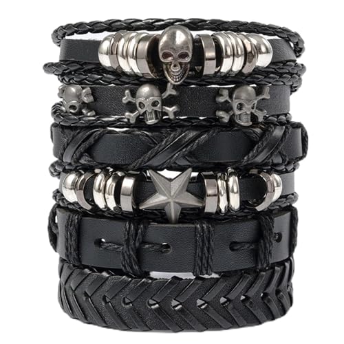 6 Pcs Punk Rock Studded Bracelets Set,Braided Wide Wristband