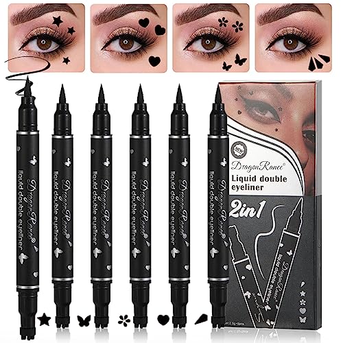 5Pcs Double tête Ensemble de stylos tampon liquide Eyeliner,Mat Crayon eye liner noir, Lazy Pochoirs d’eyeliners black Stamp eyeliner Pen Eye Tattoo Makeup-Triangle/Cœur/Étoile/Fleur/Papillon