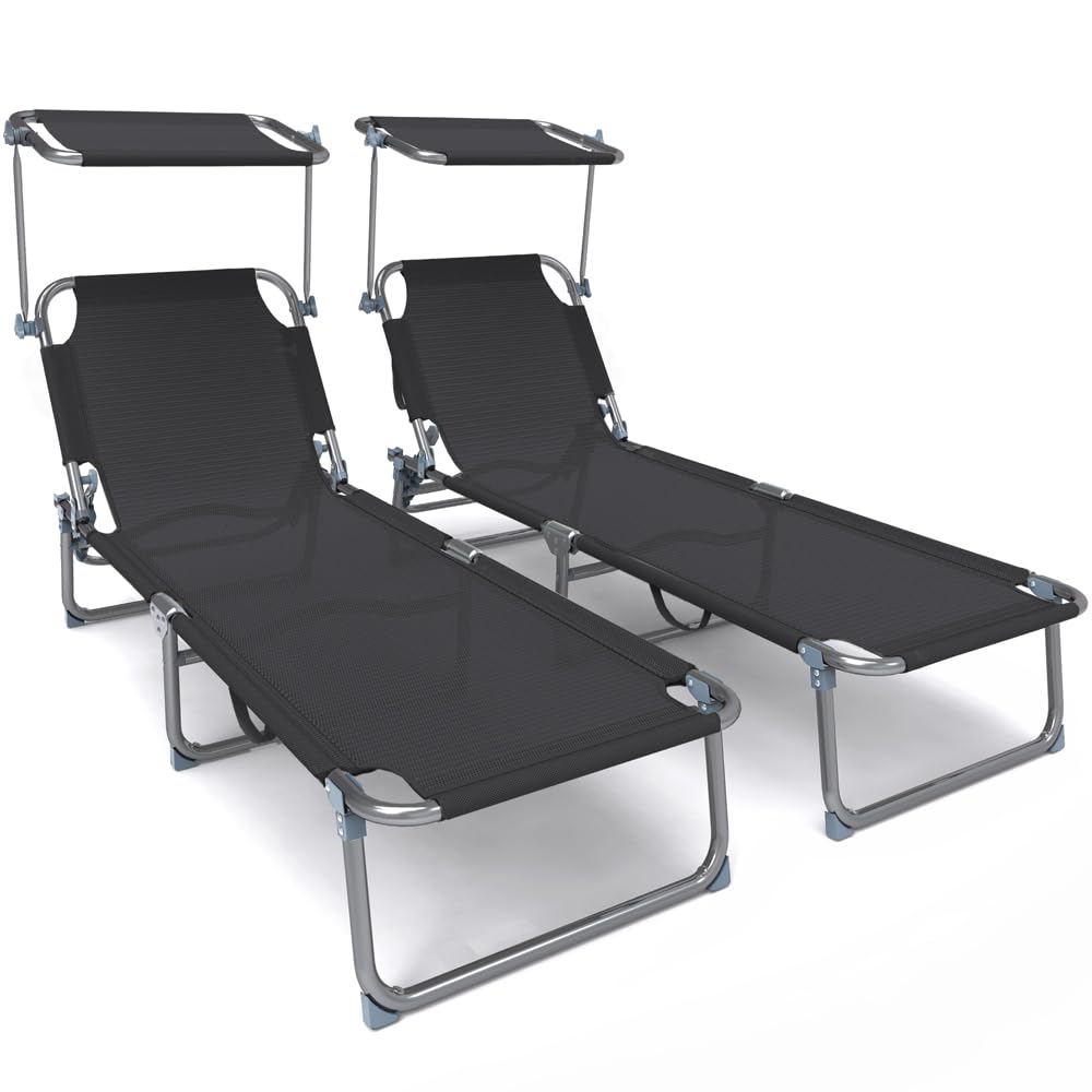 VOUNOT Juego de 2 Tumbonas Plegables con Parasol, Tumbona Playera Reclinable 4 Posiciones, Estructura Acero y Tejido Textileno, Peso Máx. Soportado 110kg para Piscina, Jardín, Playa 190x58x27cm, Negro