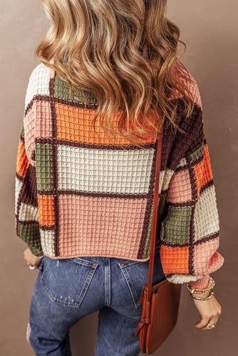 Women's Orange Color Block Waffle Knit Mock Neck Sweater2