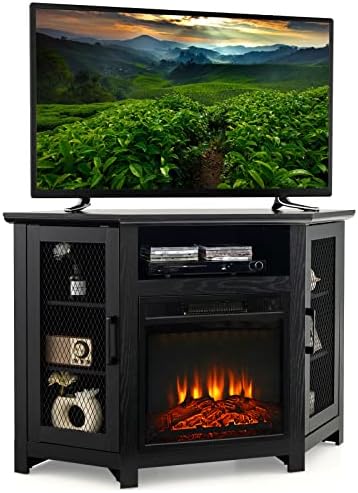 GOFLAME Corner Fireplace TV Stand for TVs Up to 50 Inches, Modern Entertainment Center with Electric Fireplace, TV Console with Remote Control, 3-Level Flame Brightness & Overheat Protection (Black)