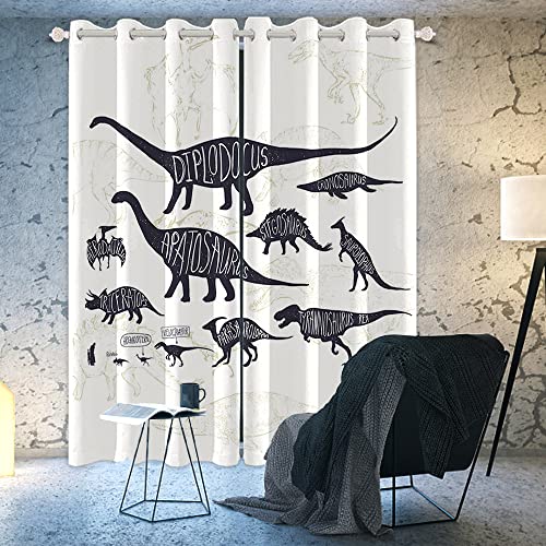 DORCEV Dinosaurs Curtains Kids Boys Bedroom Cartoon Blackout Window Curtains Wild Animals Ancient Jurassic Animals Dinosaur White Black Pattern Printed Living Room Window Drapes,21x63 inch,2 Panels