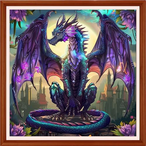 Image of Foxhool Stamped Cross Stitch Kits,11CT Printed Cross Stitch Pattern Full Embroidery Kits for Beginner Needlepoint Kits&Purple Dragon 18x18 inchs