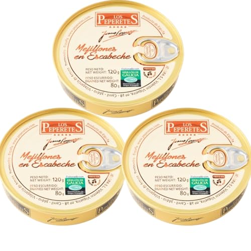 Los Peperetes - Mejillones en Escabeche - Mejor Conserva de Marisco del Mundo - Recomendadas por David Beckham - Pack 3 Latas 120g