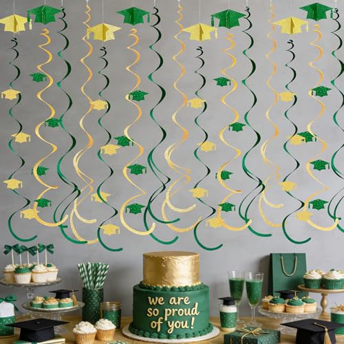 Image of 24Pcs Green Gold Graduation Grad Cap Hanging Felt Swirl Streamer Spiral Ceiling Garland for Congrats Grad You Did It Class of 2026 We are So Proud of You I'm Done Themed Party Decorations Supplies