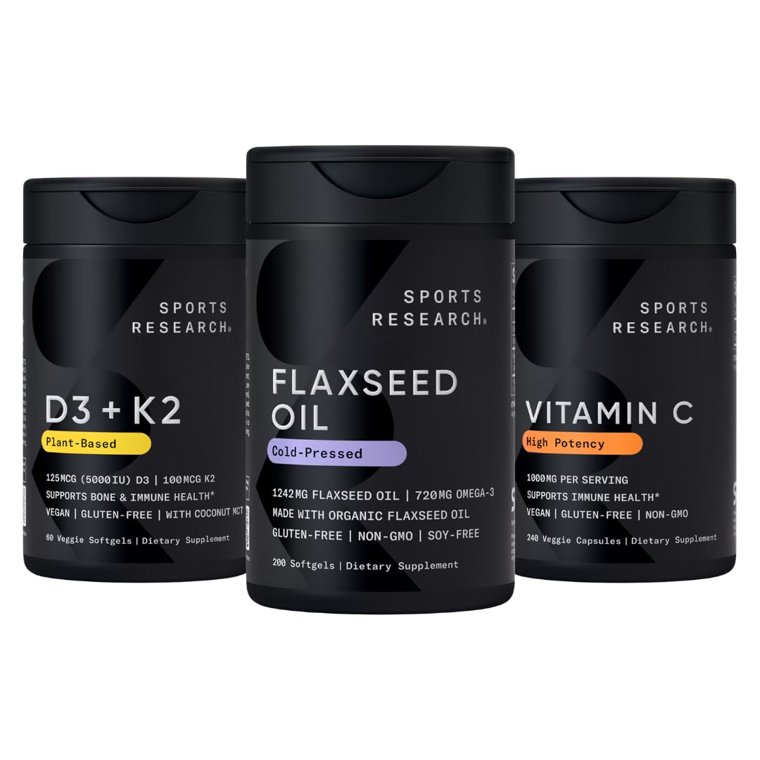 Sports Research® Vegan Multivitamins Pack - Cold-Pressed Flaxseed Oil w/ 720 mg Omega-3 + Vitamin D 5000iu & Mk7 Vitamin K 100mcg + High Potency Vitamin C 1000 mg Supplement