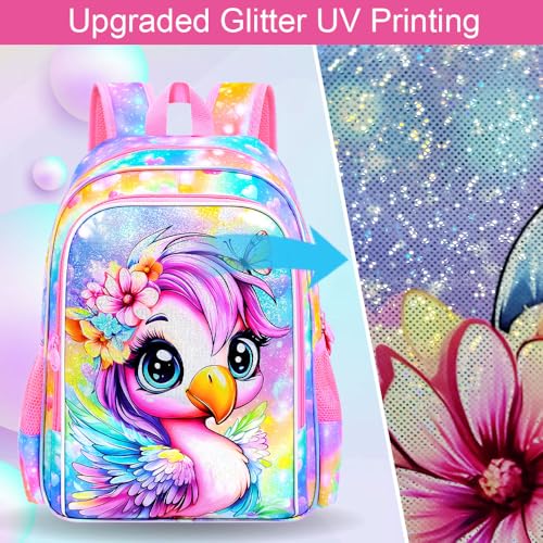 Image of 3Pcs Flamingo Backpack for Girls, 16 inch School Bookbag Set with Lunch Box，Kids Backpacks for Elementary Preschool Kindergarten (Rainbow)