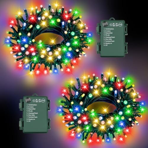 FFZZKJ Christmas Lights Outdoor Battery Operated String Lights Total 100LED 33Ft with Timer 8 Modes 16.4Ft*2 Waterproof Outdoor Indoor for Christmas Decor, Multicolor, 2-Pack