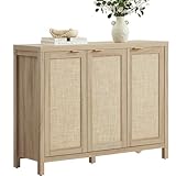 SICOTAS Rattan Buffet Cabinet with Storage 43.5' Sideboard Cabinet with 3 Doors & Adjustable Shelves Wood Sideboard Credenza Storage Cabinets for Entryway Living Room Reclaimed Light Oak