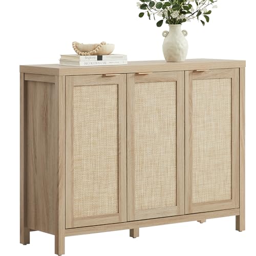 Image of SICOTAS Rattan Buffet Cabinet with Storage 43.5" Sideboard Cabinet with 3 Doors & Adjustable Shelves Wood Sideboard Credenza Storage Cabinets for Entryway Living Room Reclaimed Light Oak