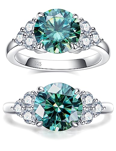 CannyCat 3.0 carat Fancy Vivid Blue Green Moissanite Ring 3.6 cttw Moissanite Engagement Rings for Women VVS D-color Certified Moissanite Anniversary Wedding Cluster Ring Platinum-Plated Silver Band
