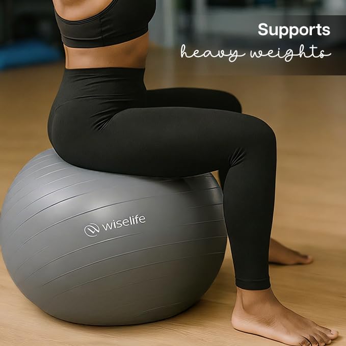 Image of Wiselife Gym Ball,Physical Therapy Yoga Ball for Home,Excercise Ball for Stability,Workout Fitness, Anti-Burst, Slip Resistant Balance Chair for Office, Swiss with Air Pump (Grey, 75 cm)