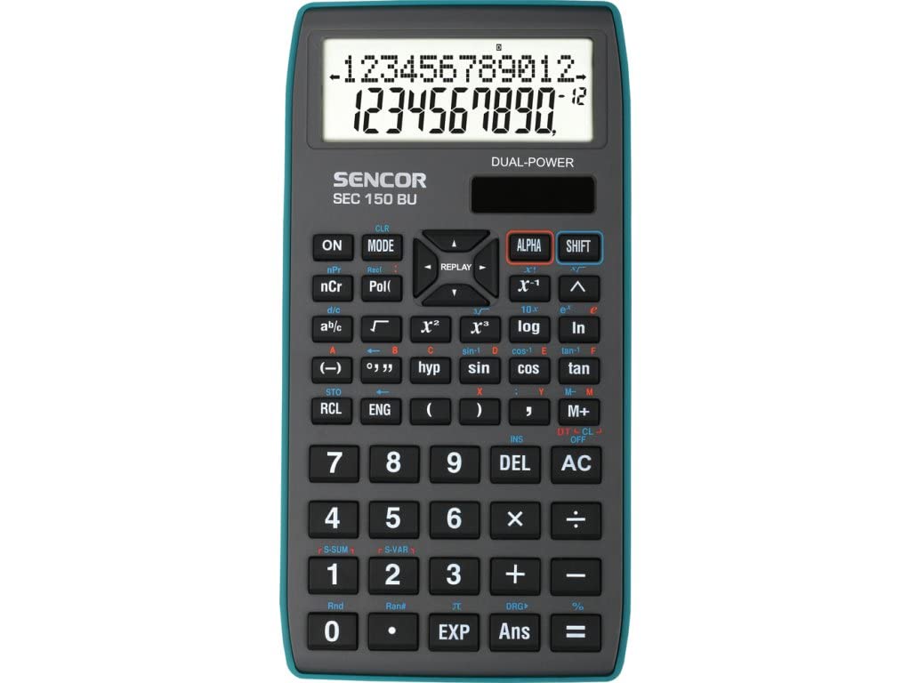 Sencor SEC 150 BU School Calculator, 240 Scientific Functions, Two Line LCD Display, Display of 12 Alphanumeric Characters and 10 + 2 Digits, Calculation Browsing Function, Grey/Blue