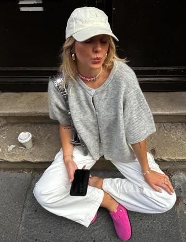 Wyeysyt Womens Cropped Knitted Cardigan Y2K Short Sleeve Button Down Sweater Cardigan Shirt Casual Solid Color Ribbed Outwear4