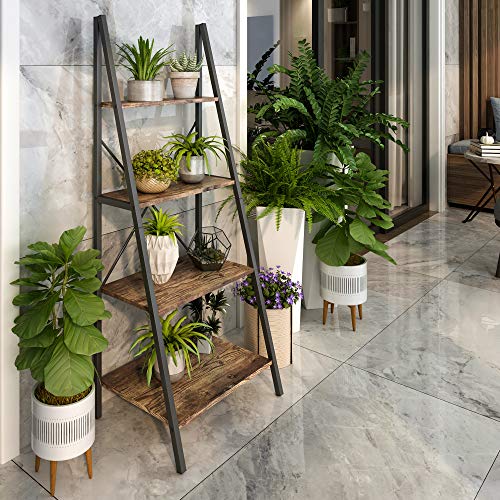 4NM Industrial 4-Tier Ladder Shelf, Metal Bookshelf Multifunctional Plant Flower Stand Storage Rack Shelves - Rustic Brown and Black