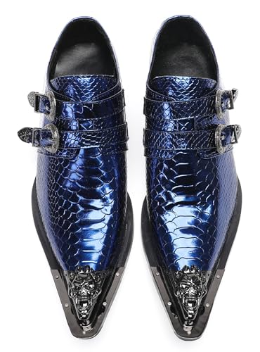 Santimon Men's Luxury Patent Leather Dress Shoes - Snakeskin Texture Metal Pointed Toe Metallic Monk Strap Loafers Formal Shoes with Buckle Accent for Wedding Party Bar Singer3
