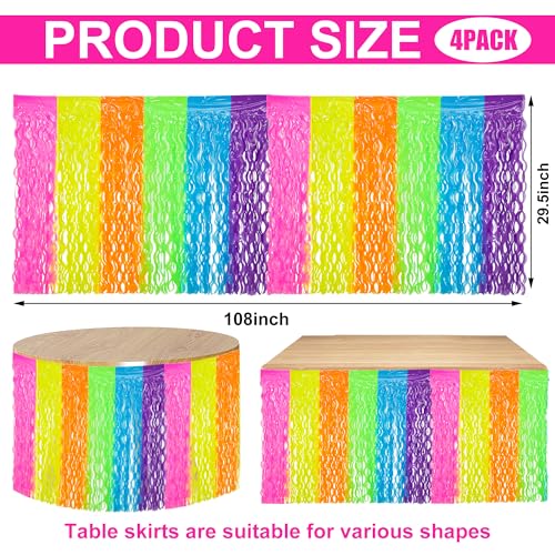 Image of 4 Pack Neon Tinsel Foil Fringe Table Skirts 108 x 29.5 Inch Glow in The Dark Party Table Decoration UV Reactive Fluorescent Wavy Tables Skirt for Glow Birthday Wedding Supplies Neon Party Decor