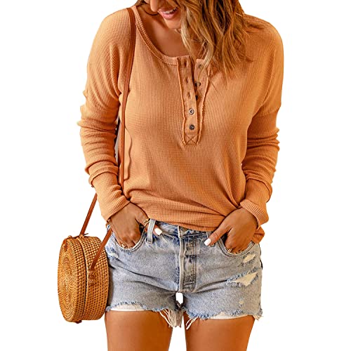 Mujer Punto Suéter, Moda Túnica Tops Jersey con Botones Cuello Redondo Manga Larga Jerséis Sudaderas Blusas de Invierno Tops(Naranja, M) Cover
