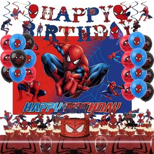 52pcs Spider Birthday Decorations Pack - Cartoon Spider Party Decorations Supplies with Balloons Banner Backdrop Cake/Cupcake Toppers Hanging Swirls & Tablecloth