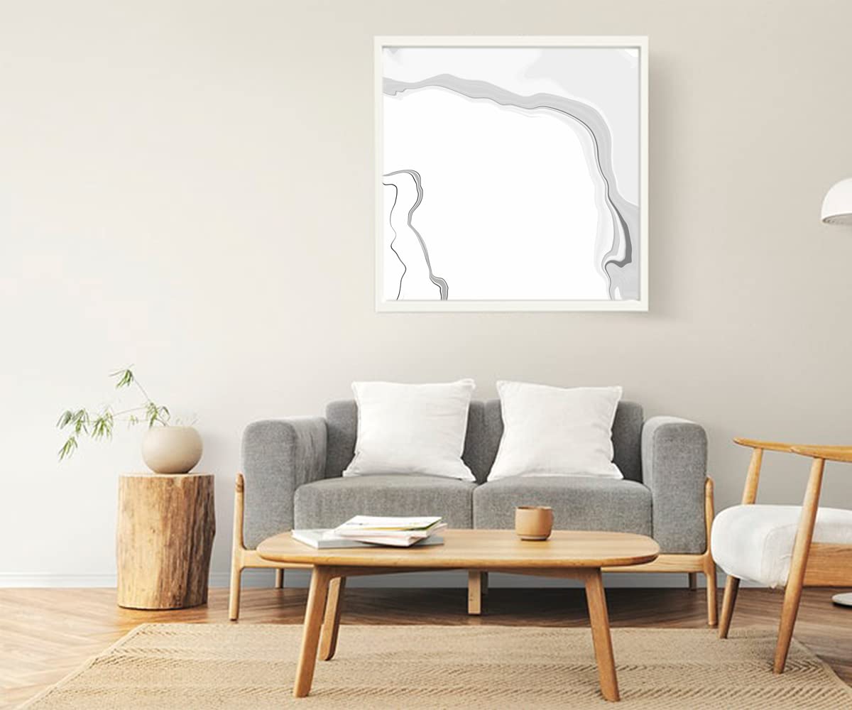 VERRE ART White Floater Framed Canvas - Wall Decor for Living Room, Bedroom, Office, Hotels, Drawing Room (22in X22in) - Minimal Marble Wave Abstract