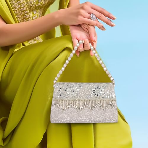 Image of Nevis Women's Embellished Clutch with Pearl Handle | Fancy Designe & Wedding Potli Bag for Festive & Evening