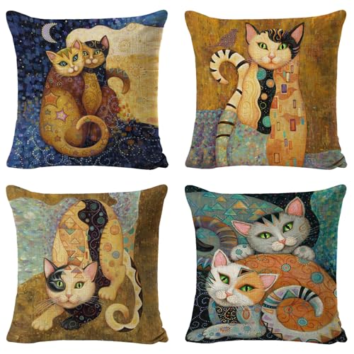 Umimiss Lot de 4 housses de coussin motif animal – 114 x 114 cm – Cadeau pour femme, coussin sur le thème du chat, décoration de chambre en coton et lin...