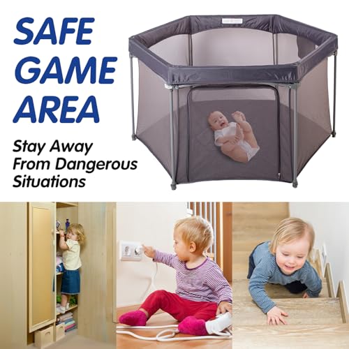 Image of Baby Playpen 53x53 Inch, Indoor /Outdoor Portable Play Yard No Extra pad Required with Breathable Mesh Walls, Enclosed Safe Space for Babies, Quick Foldable Playpen for Home Travel Park (Grey)