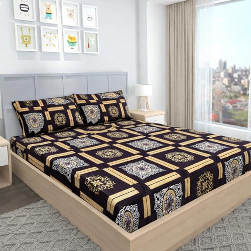 Image of BEVI - Home Super Fabric 300 TC Microfiber Single Queen Size Bedsheet with 1 Pillow Cover - Printed Bedsheet Size (60x90) Brown Golden ASH