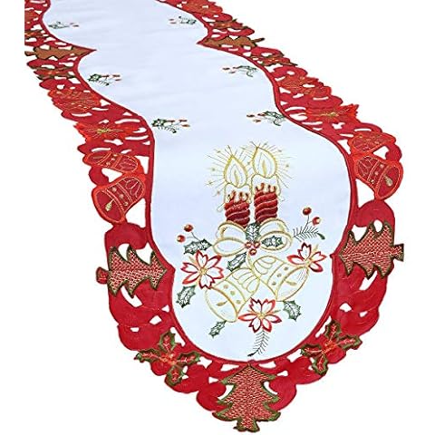 Grelucgo Embroidered Christmas Holiday Table Runner (Red, 14 by 89 inches) Cover