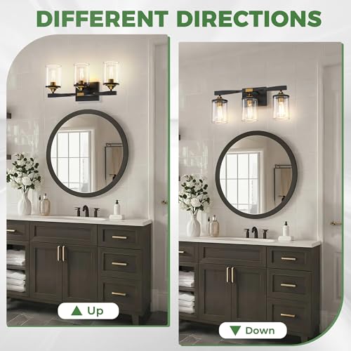 Image of DORESshop Bathroom Light Fixtures, 3-Light Black and Gold Bathroom Lights Over Mirror, Vanity Lights for Hallway Bedroom Living Room