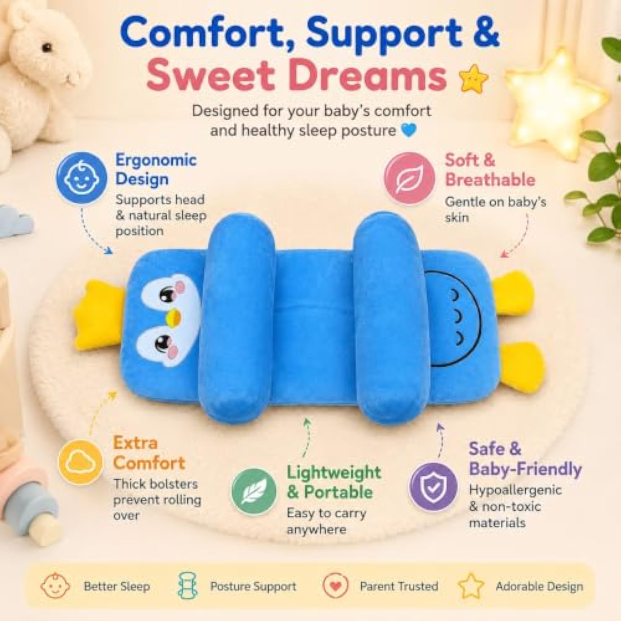 Adjustable Side Rollers Baby Neck Support Pillow, Penguin Design