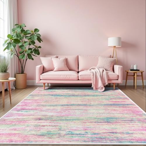 KOZYFLY Pink Nursery Rug for Baby Girl, Washable Thin Area Rugs 5x7 for Kids Bedroom Dorm Playroom, Non-Slip Faux Wool Soft Low Pile Living Room Rug for Dining Room, Kitchen Bathroom