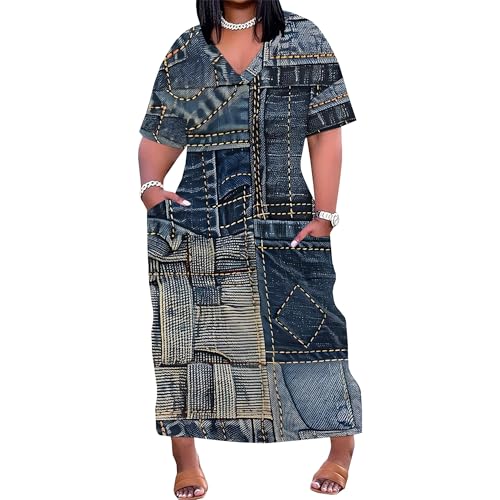 Image of SUZONANA Plus Size Denim Print Shirt Maxi Dresses for Curvy Women Casual Blue Jean Summer Outfits Long Short Sleeve Dress with Pockets Patchwork XL