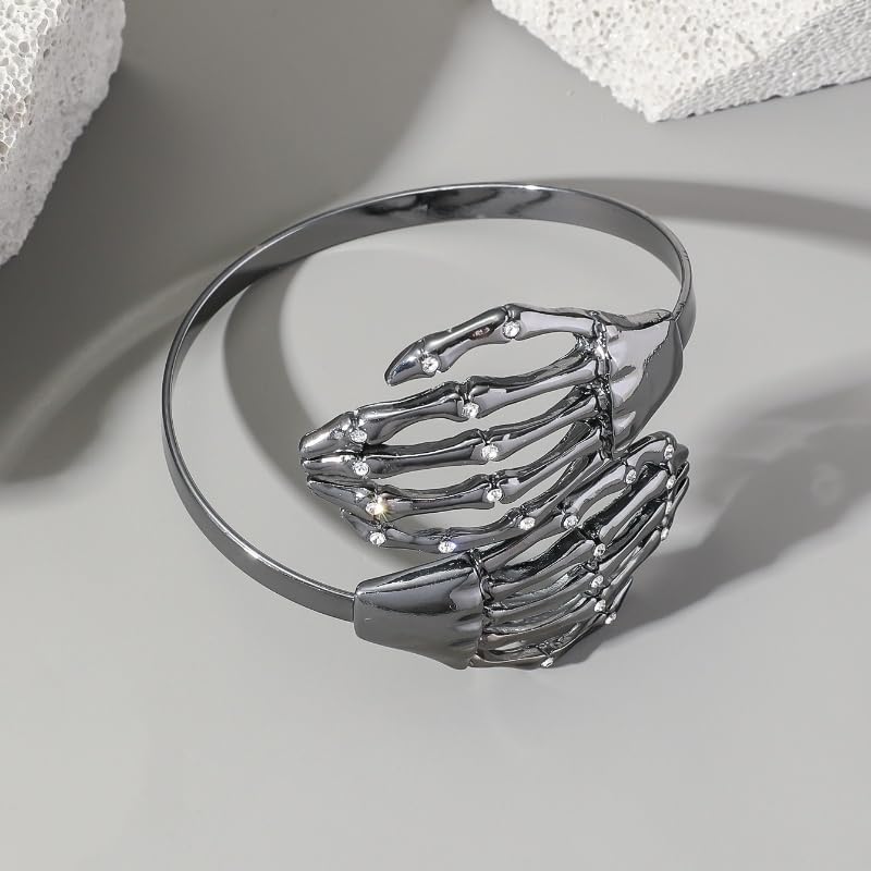Skeleton Hand Halloween Bangle Cuff Bracelet for Women Men Cubic Zirconia Crystal Skull Adjustable Open Cuffs Wrap Wrist Bracelets Punk Holiday Festive Party Jewelry Gifts for Mother Custome Accessory - Image 6
