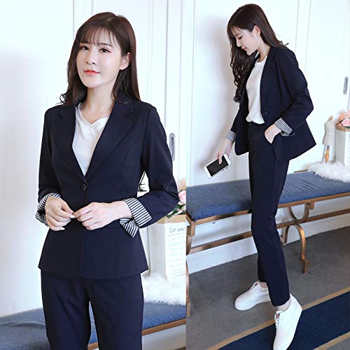 Women Blazer Suits Set,Autumn Fashion Pant Suits Women Black 2 Piece Set Female Vintage Slim Blazer Jacket and Trouser for Ladies Outfits Office Business Set,Navy Blue,S