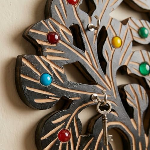 Image of Wooden Tree of Life Wall Key Holder with Colourful Beads, Decorative Hook Organiser