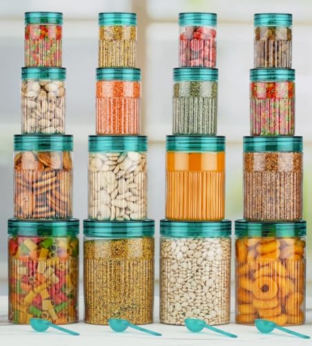 Image of pet Food Storage Containers Set with Airtight Lids, Kitchen Organisation Jars for Pasta, Spices, Dry Goods, Stackable (16 Pcs SKY)