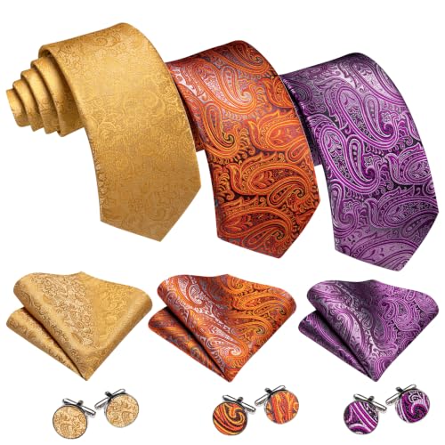Image of Barry.Wang 6 PCS Men Ties Set Silk Business Fashion Woven Necktie Handkerchief Cufflinks Paisley Stripe Wedding Party
