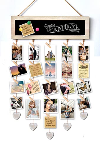 EXQUIDECA Picture Frames Collage Display Board with 30 Clips - Multi Photos Cards Organizer with Adjustable Twines and Magnetic Blackboard - DIY Wall Decor Hanging Picture Holder 15.7x5 Inches