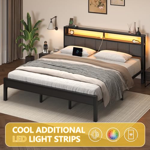Image of E-Motie King Size Bed Frame with LED Lights and Charging Station, Wood Storage Headboard with 2-Tier Shelves, Heavy Duty Metal Slats, No Box Spring Need, Noise Free, Easy Assembly, Light Grey