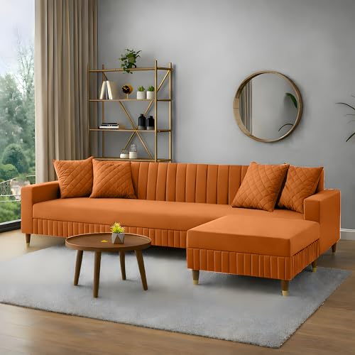 Image of AMATA Omega Solid Wood 4 Seater L Shape Orange Suede Velvet Sofa Set with Four Cushions Perfect for Home Office Guests Living Room (03 Orange, Omega L Shape 4 SSEATER)(3 Year warranrt)