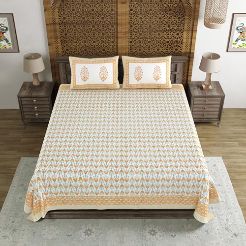 Image of BLOCKS OF INDIA Hand Block Printed 200 TC Cotton King Size Bedsheet (Brown Leaf)