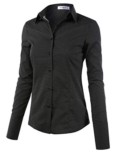 Doublju Womens Wrinkle-Free Long-Sleeve Slim Fit Button Down Shirt with Plus Size Dotblackwhite XL