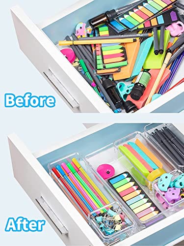Image of Clear Plastic Drawer Organizers Set, 4-Size Versatile Bathroom and Vanity Drawer Organizer Trays, Storage Bins for Makeup, Bedroom, Kitchen Gadgets Utensils and Office (21 PC SET)