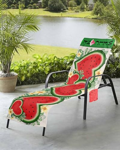 Red Green Watermelon Beach Chair Towel Covers for Chaise Lounge with Side Pocket, Soft Plush Pool Towels Cover for Patio Sunbathing Outdoor 29''x85'' Summer Botanical Plant Leaves