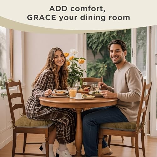 Image of AddGrace Dining Chair Cushions Set of 4 Non-Slip 18 inchx16 inchx3 inch Khaki | with Ties, Textured Fabric, for Kithchen, Dining Room, Restaurant, Indoor Furniture, Wood Chairs, Long Meals, Soft, Comfy