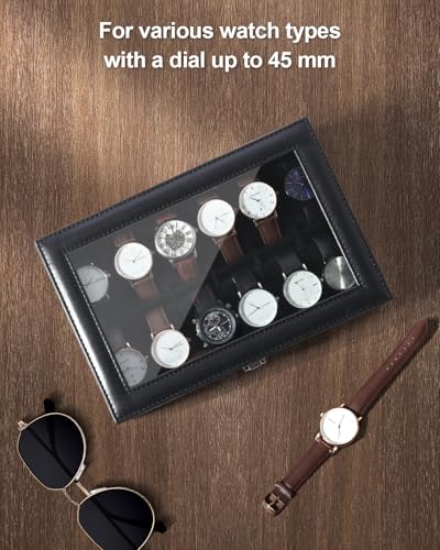 Image of Uten Watch Boxes 12 Slots, Watch Box for Men, Watch Display Case, Watch Storage Box with Removable Cushion, Metal Clasp, PU Leather, Black